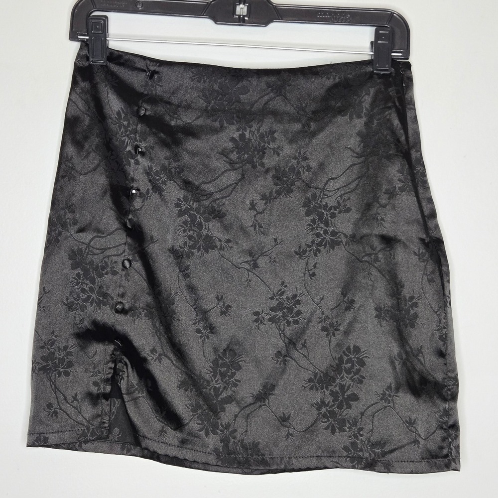 Blue Rain Francescas Black Satin Jacquard Mini Skirt Faux Button Slit S Y2K Club